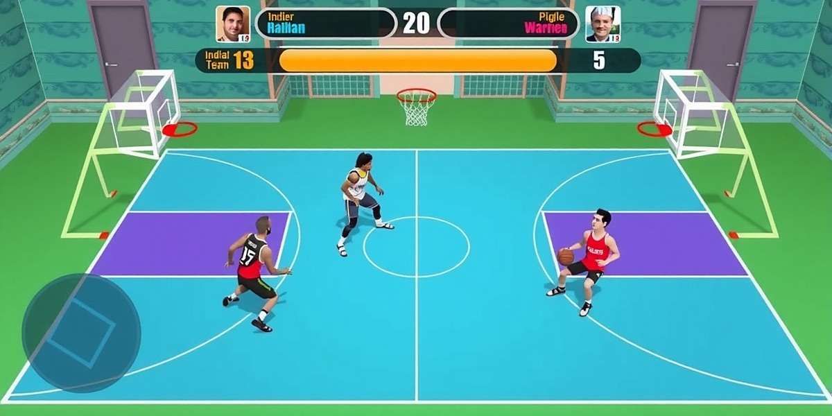 Basketball Bonanza game screenshot showing an intense match between Indian teams in a colorful court